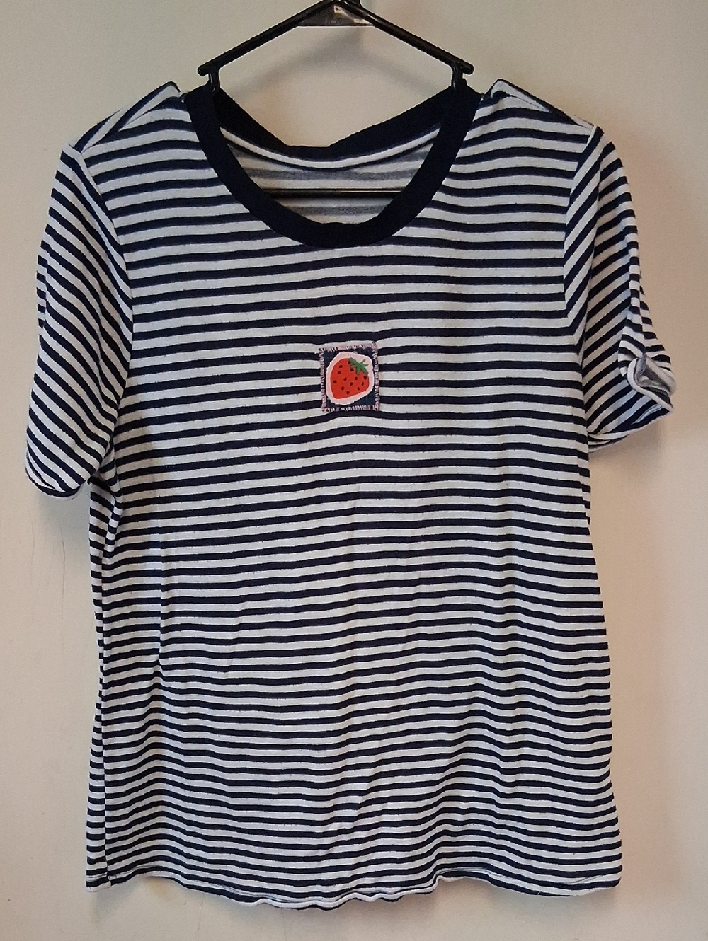 Striped Navy & White Womens Top with Strawberry Patch